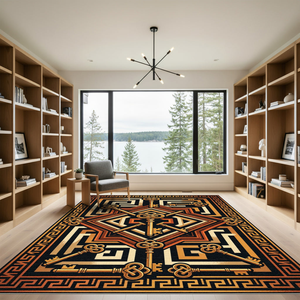 Gilded Key Meander Geometric Emblem Rug