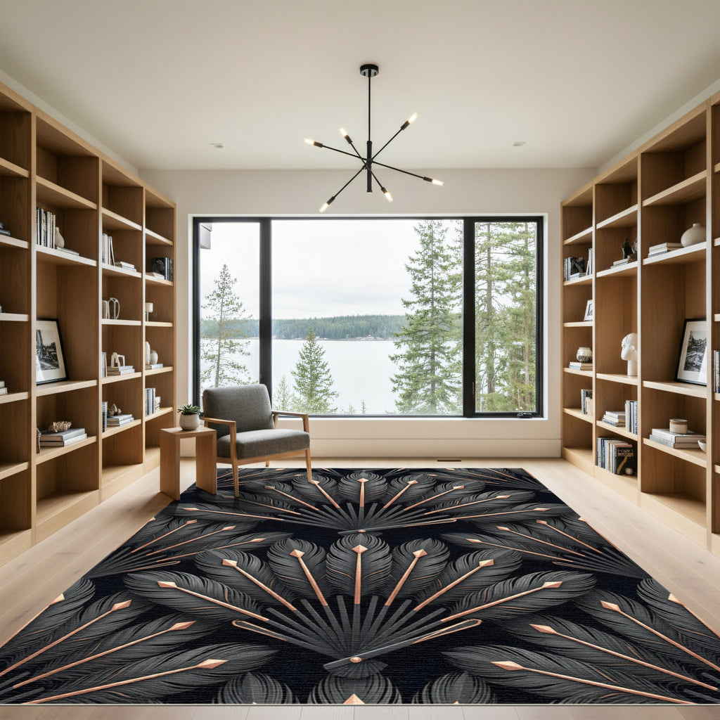 Art Deco Black Feather Fan Accent Rug