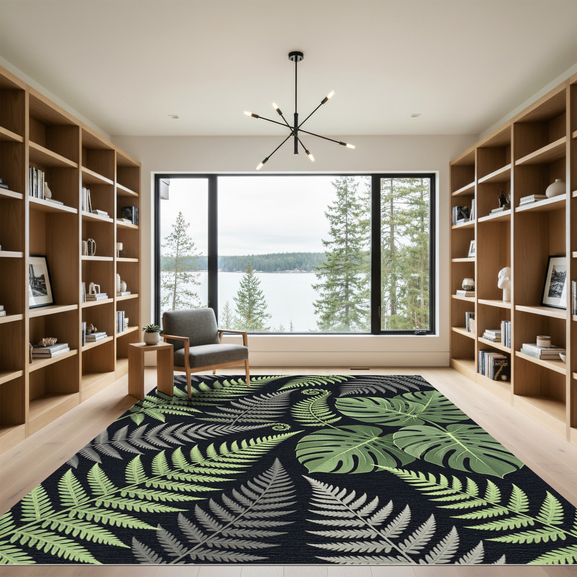Green Fern Tropical Leaf Composition Rug