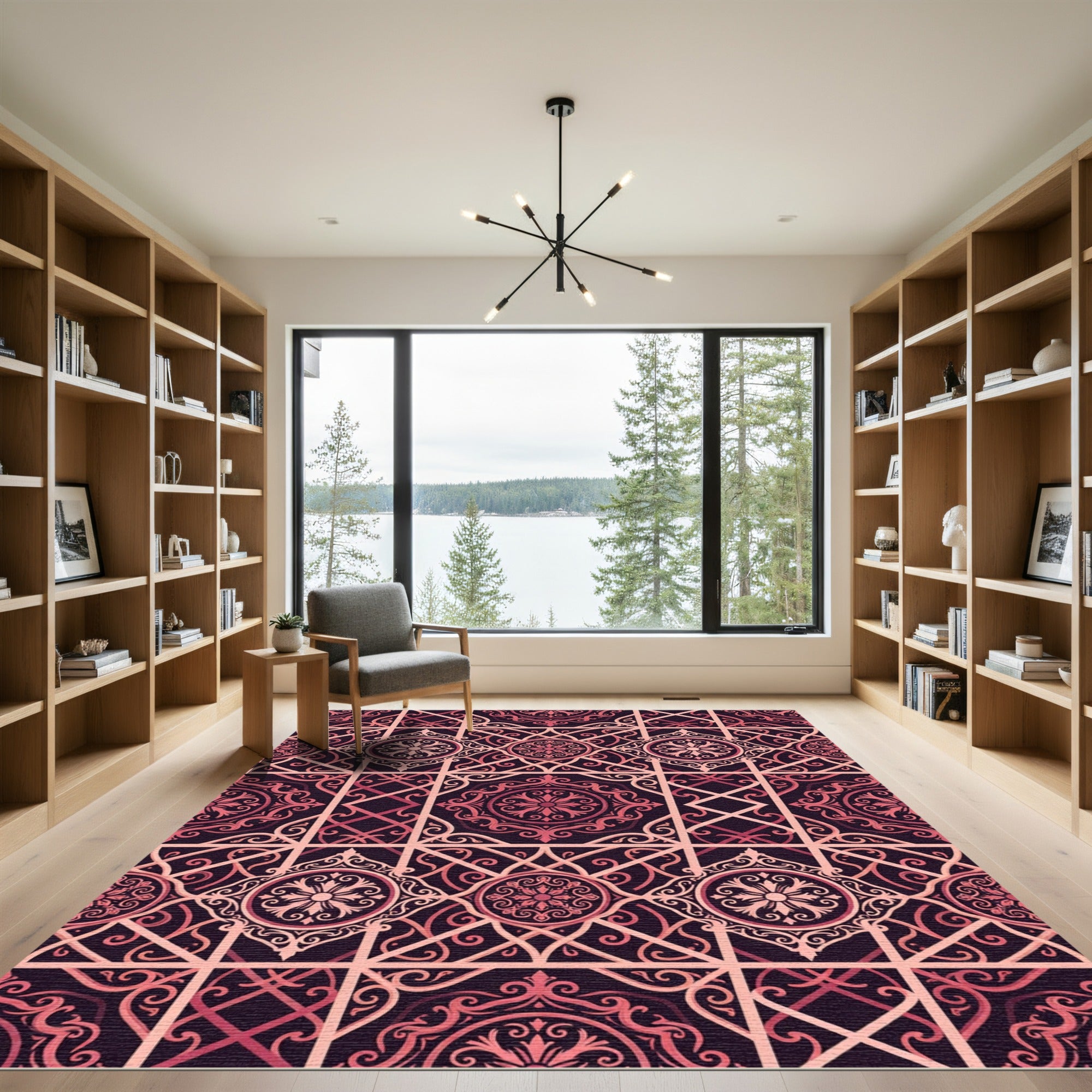 Ornate Crimson Floral Lattice Rug
