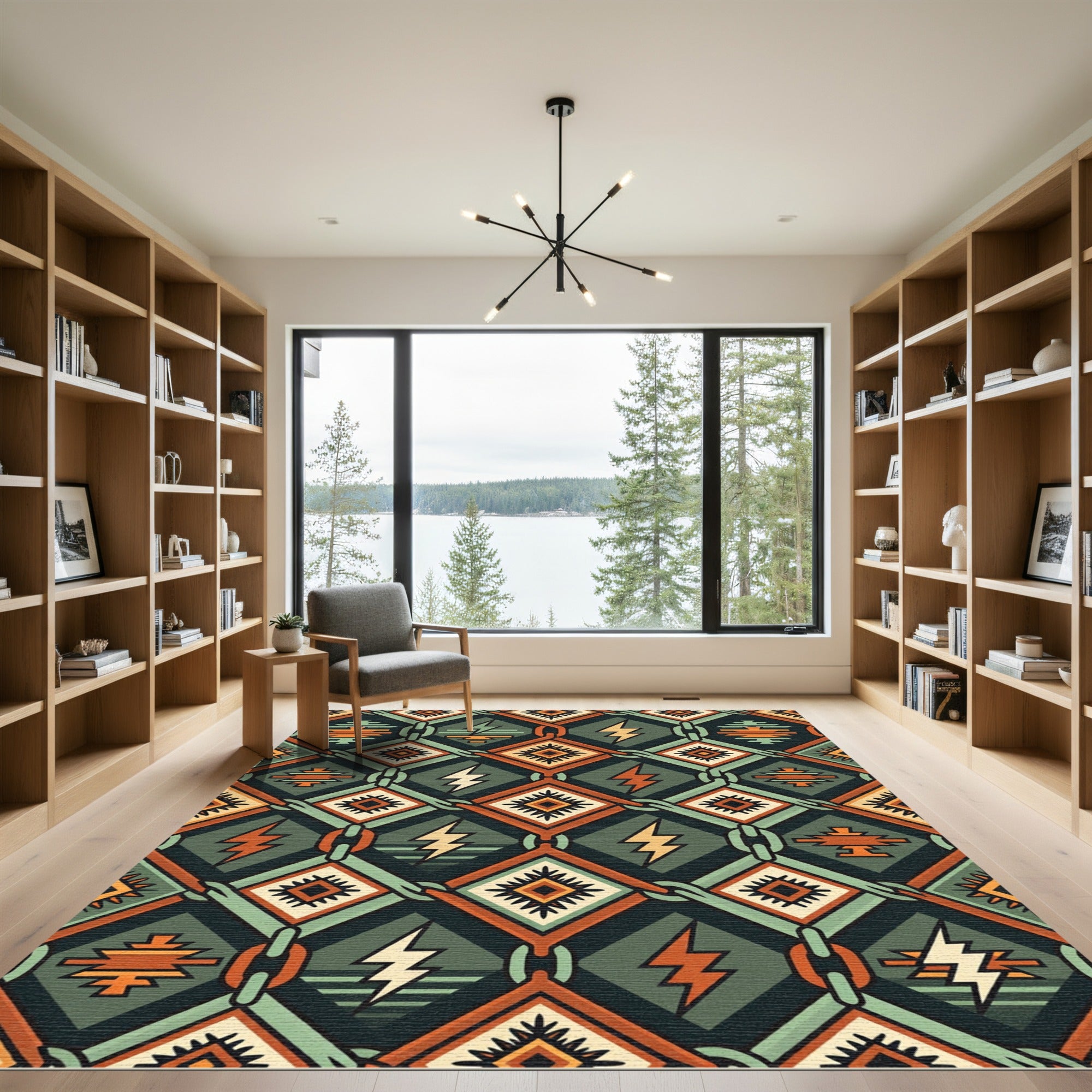 Geometric Southwestern Lightning Bolt Iron Chain Rug