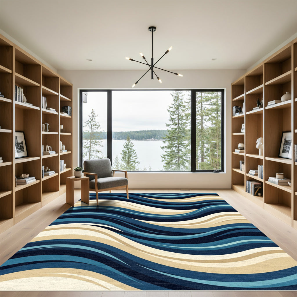 Abstract Navy and Cream Flowing Wave Rug