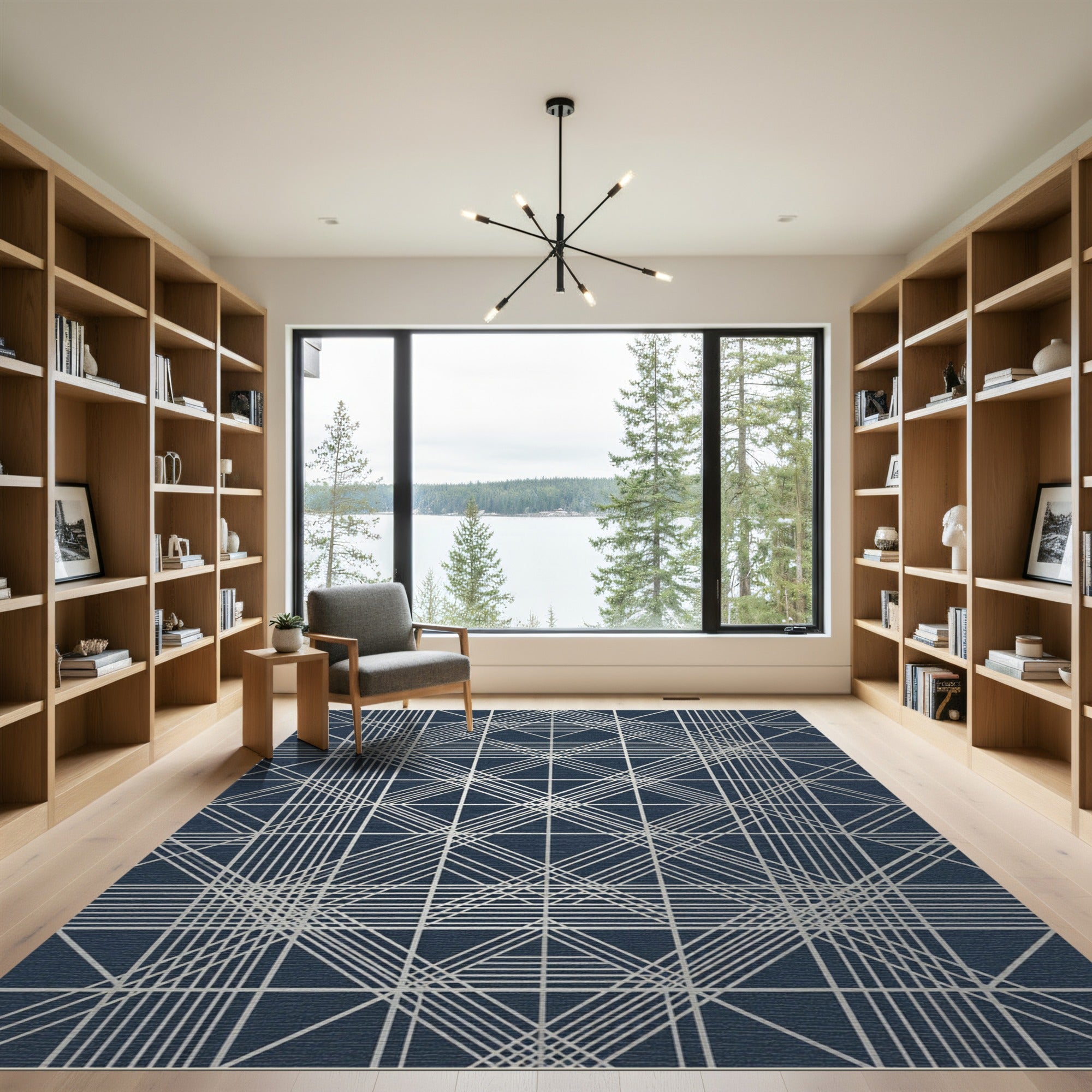 Silver Geometric Lattice Navy Rug