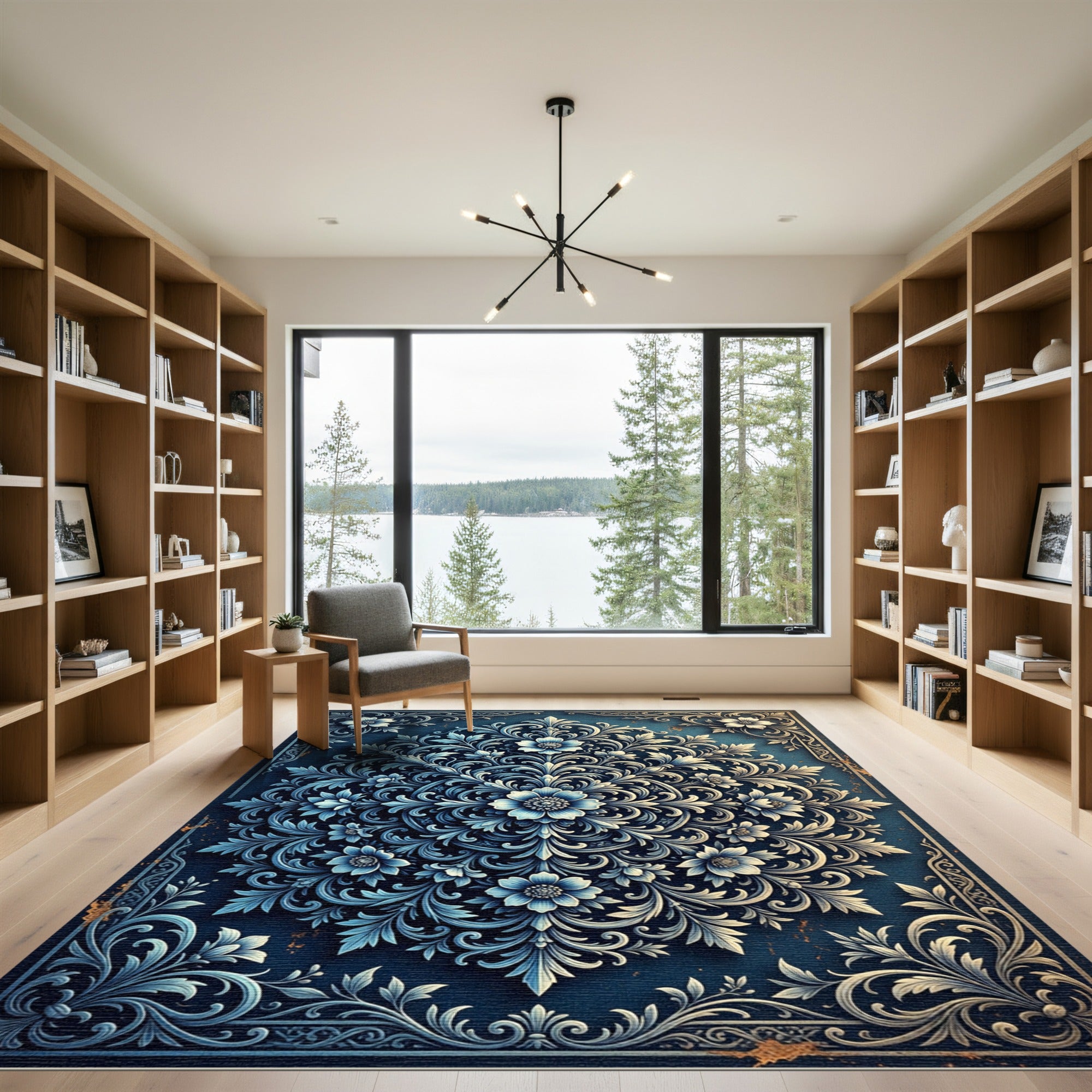 Ornate Azure Floral Medallion Rug