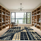 Abstract Charcoal Cream Geometric Linear Grid Rug
