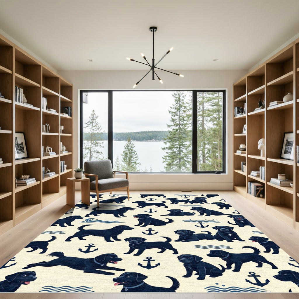 Playful Black Labrador Nautical Anchor Illustration Rug