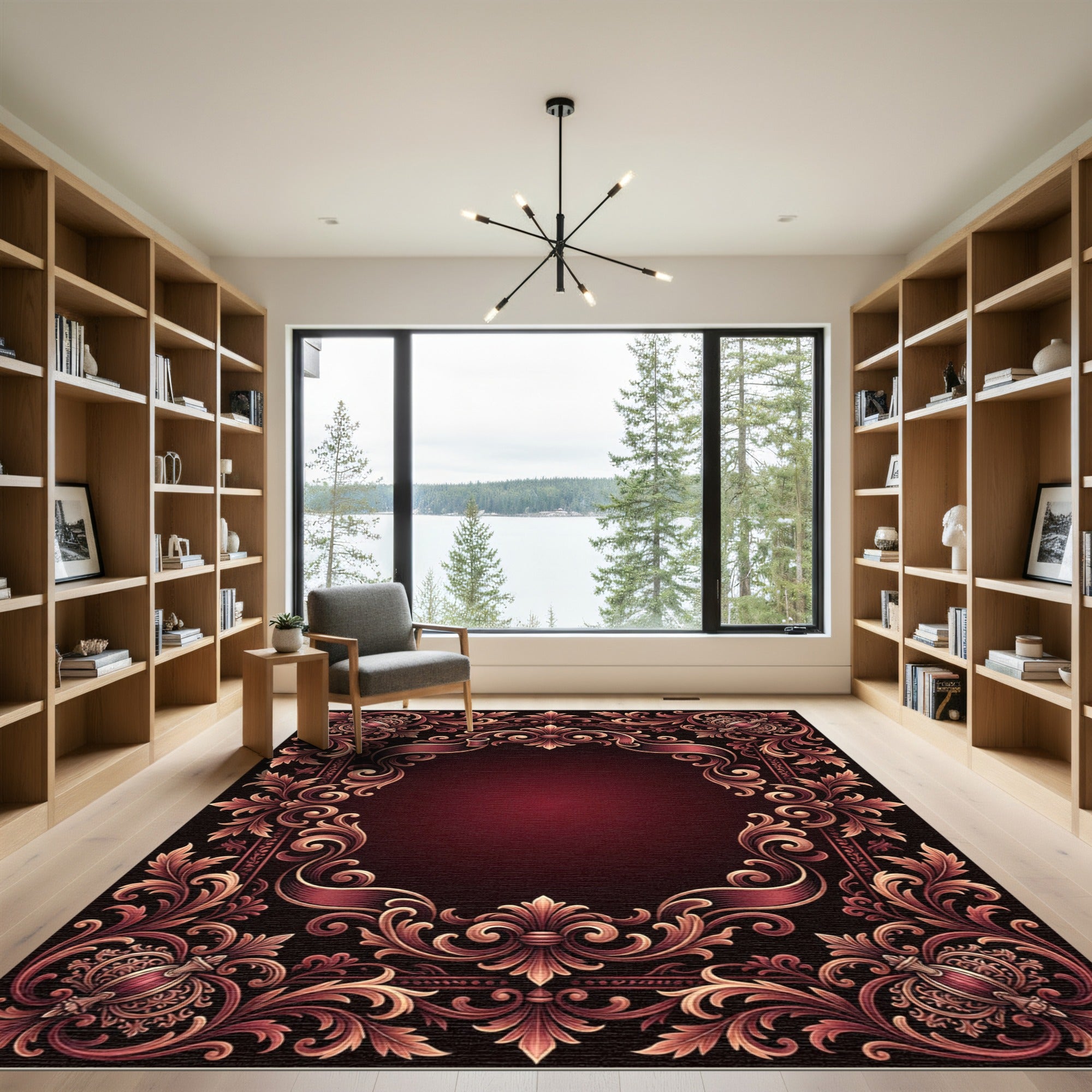 Rich Burgundy Baroque Scrollwork Frame Rug