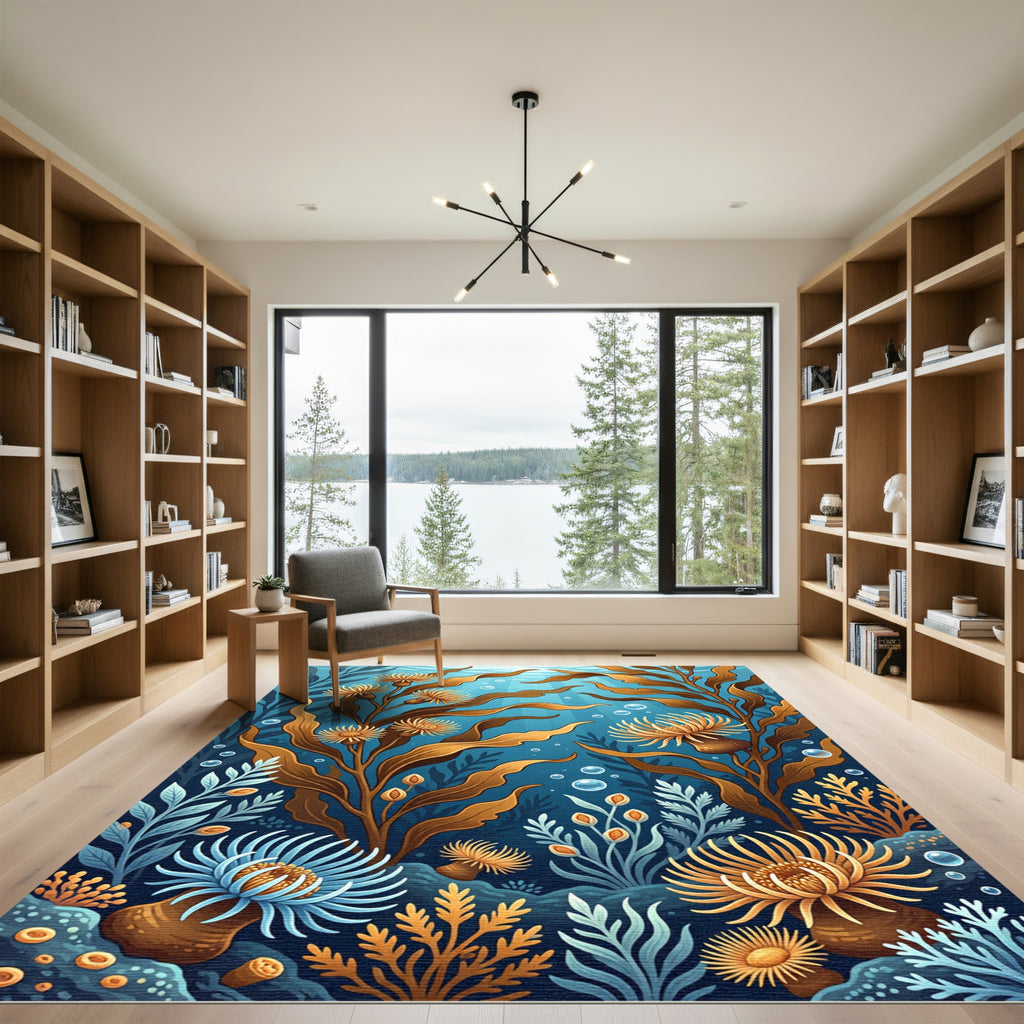 Golden Anemone Coral Blue Ocean Rug