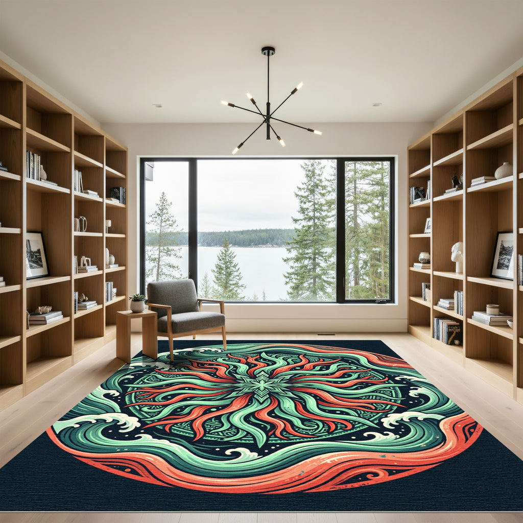 Radiant Coral and Teal Wave Mandala Rug