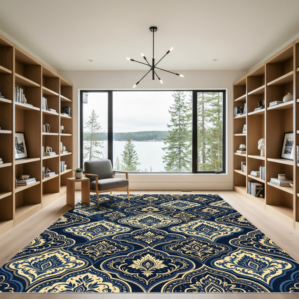 Elegant Navy Gold Ornate Damask Rug