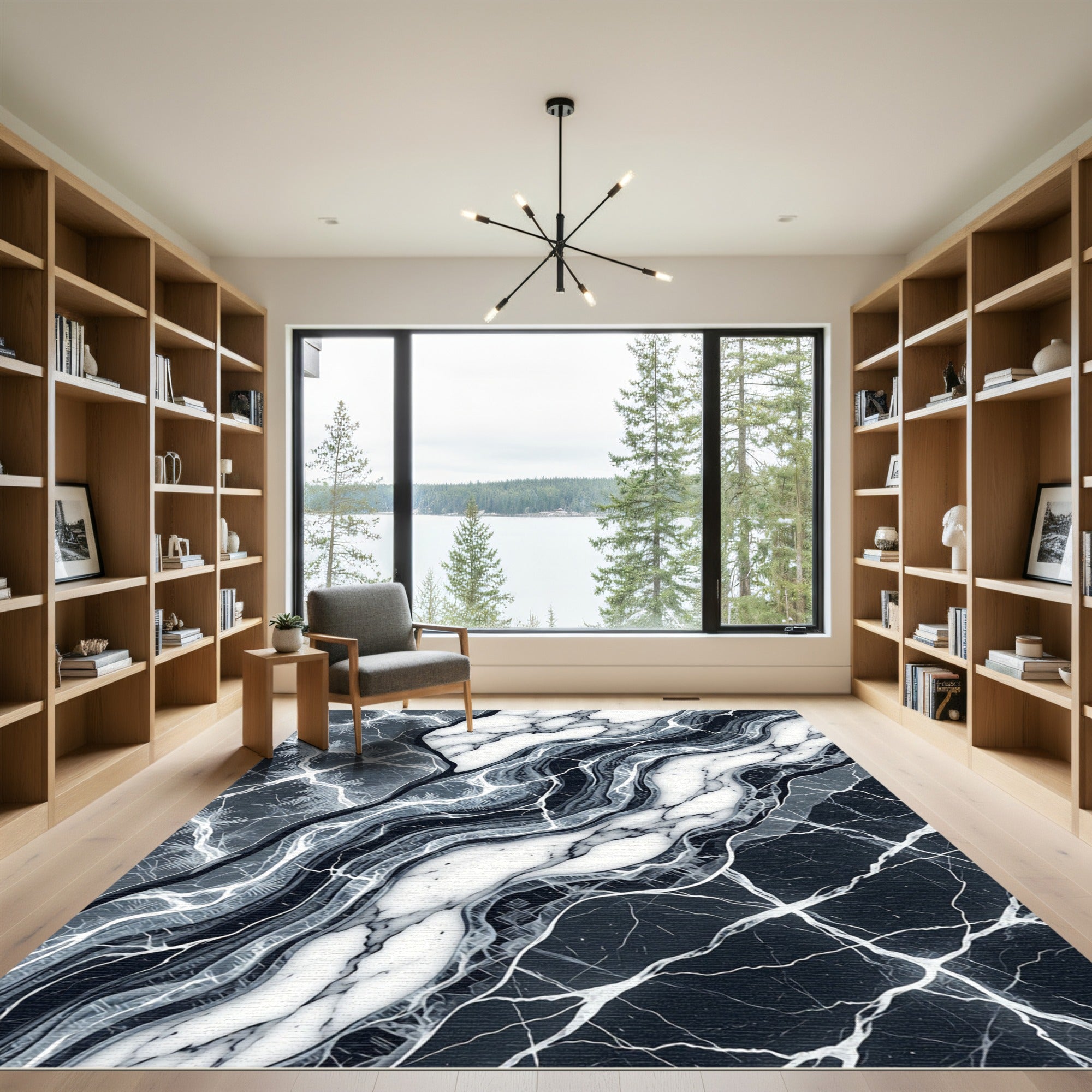 Modern Black and White Marble Swirl Rug