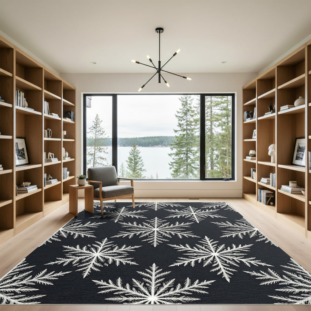 White Snowflake Dark Background Repeating Motif Rug