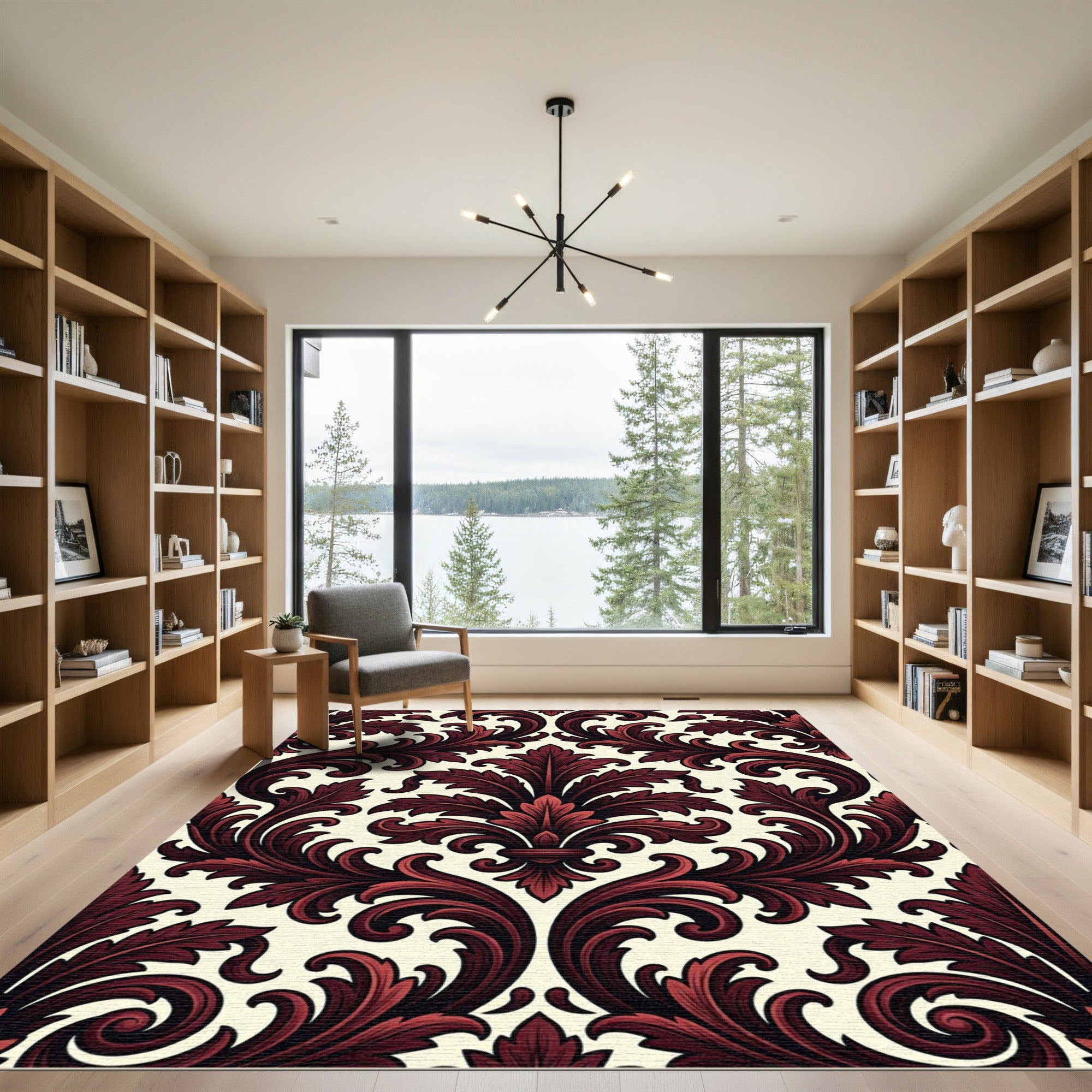 Elegant Burgundy Gothic Damask Scroll Rug