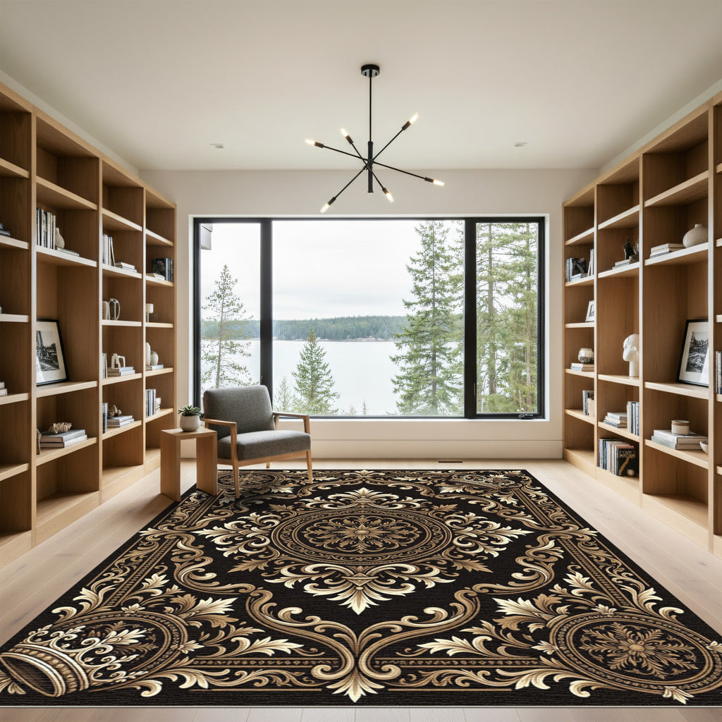 Ornate Gold Crown Scrollwork Rug