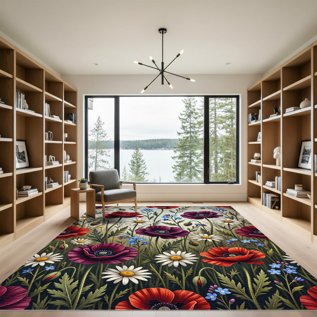 Vibrant Red Plum Poppies Dandelions Rug
