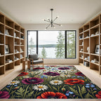 Vibrant Red Plum Poppies Dandelions Rug