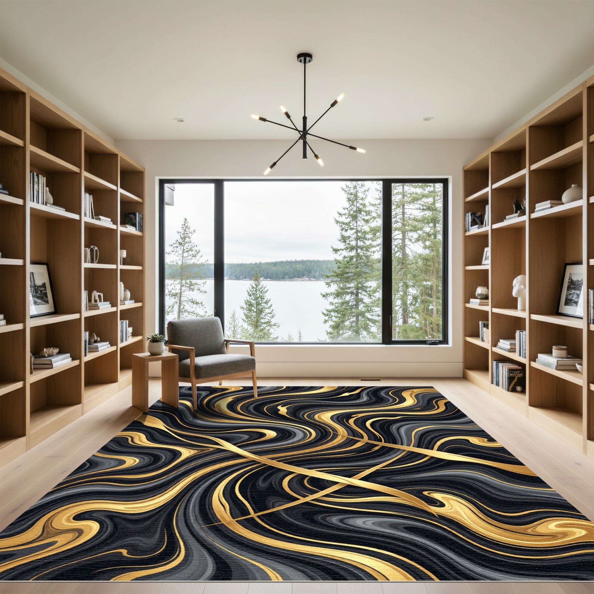 Luxurious Gold and Black Marble Swirl Rug