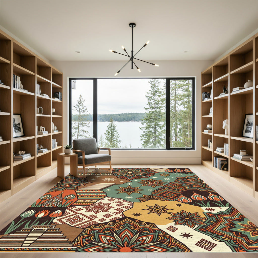 Geometric Star Mandala Earthy Patchwork Rug