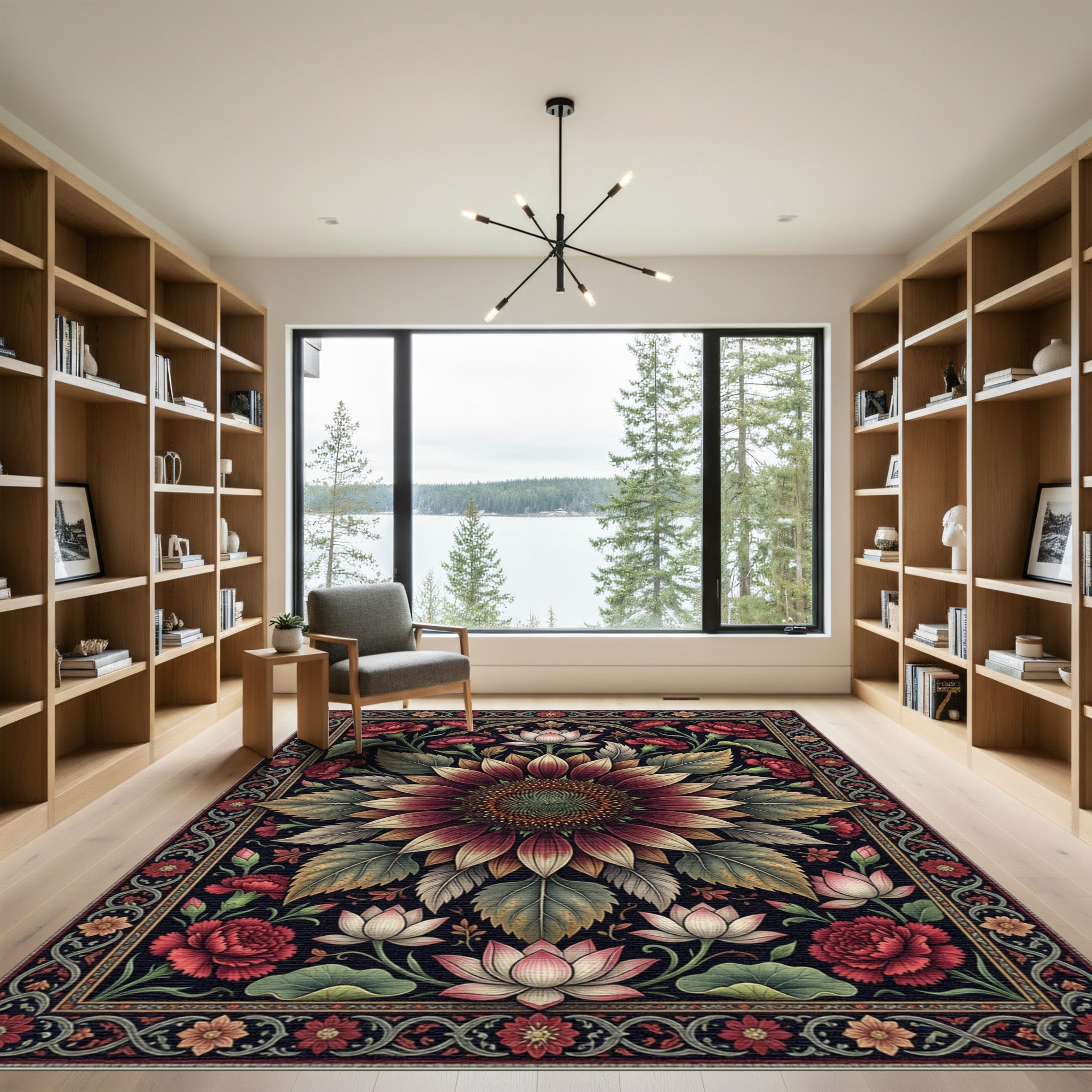 Deep Burgundy Sunflower Lotus Floral Tapestry Rug