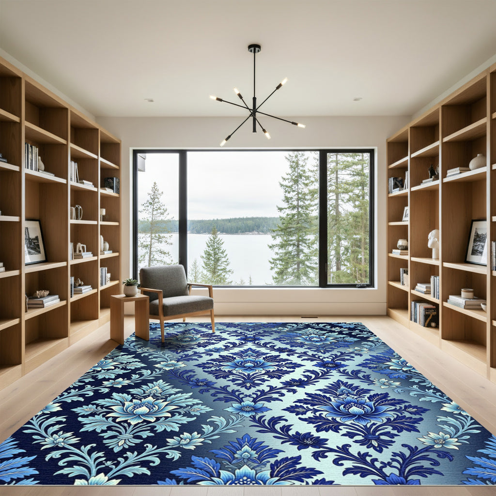 Elegant Navy and Azure Floral Damask Rug