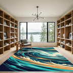 Abstract Teal And Golden Ocean Wave Rug