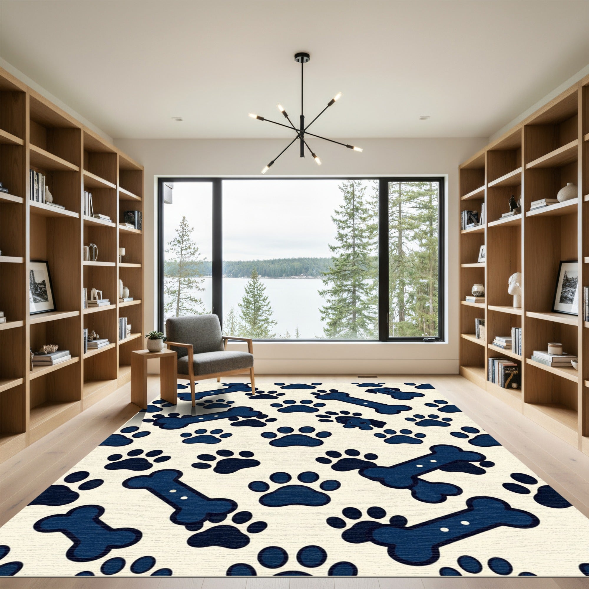 Playful Navy Dog Paw Bone Illustration Rug