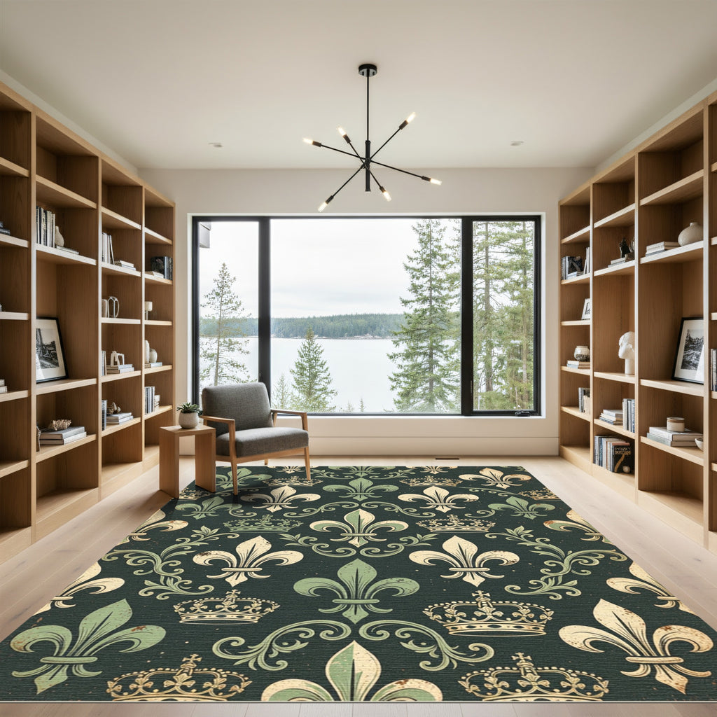 Regal Green Fleur-de-lis Royal Crown Wallpaper Rug