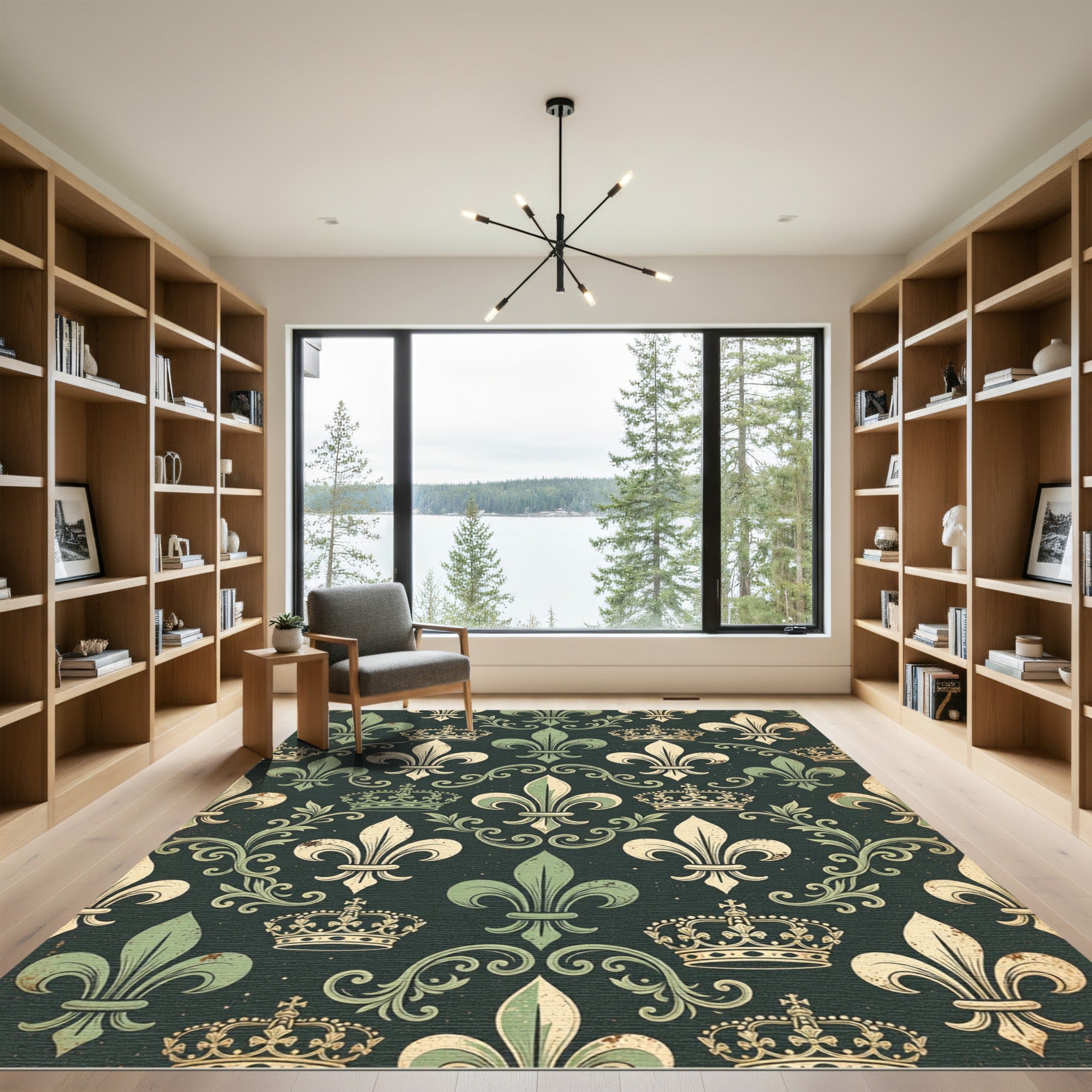 Regal Green Fleur-de-lis Royal Crown Wallpaper Rug