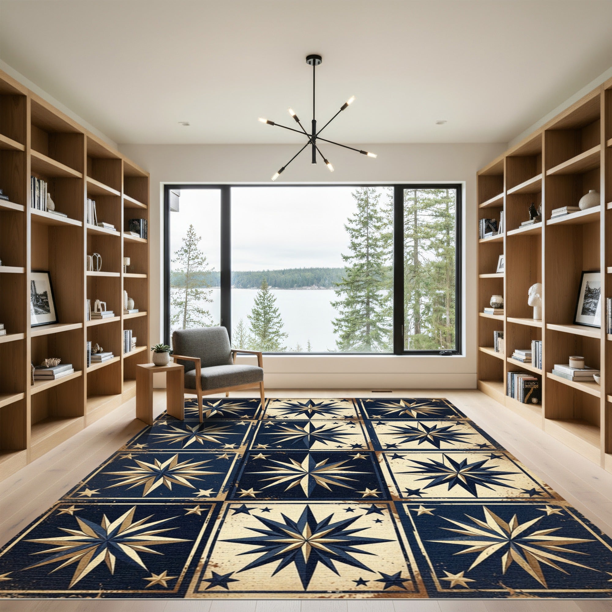Vintage Nautical Navy Gold Compass Grid Rug