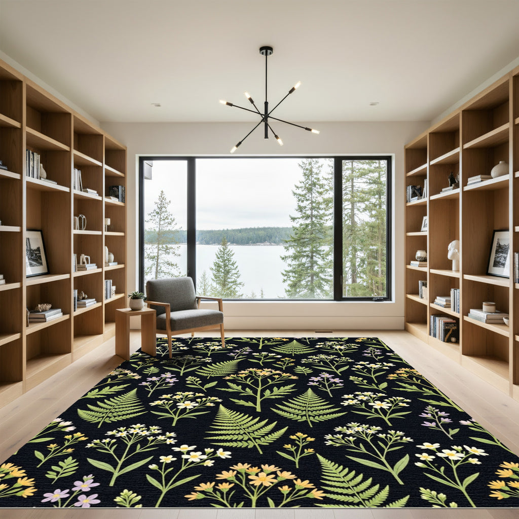 Black Botanical Garden Floral Arrangement Rug