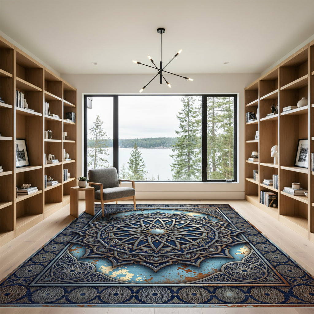 Ornate Azure Starburst Medallion Rug