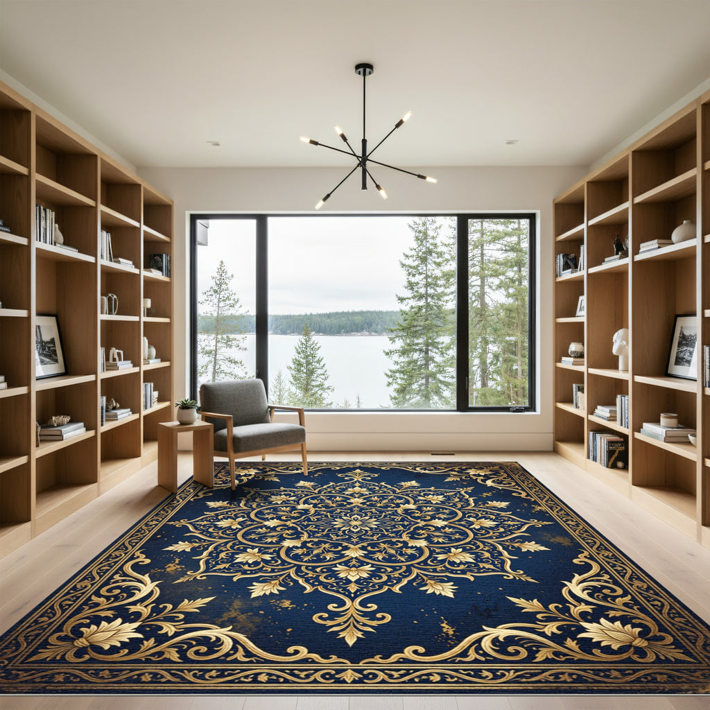 Ornate Navy and Gold Royal Mandala Rug