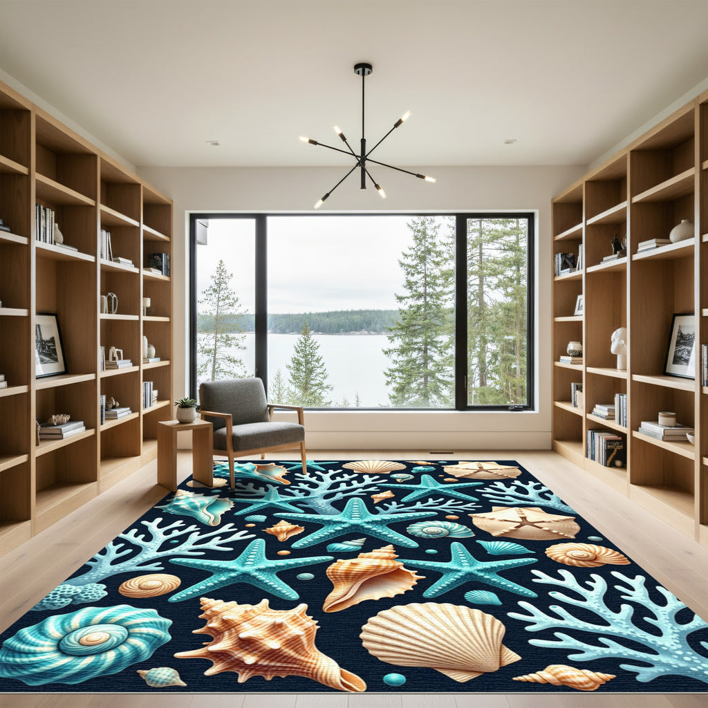 Teal Starfish Coral Shell Medley Rug