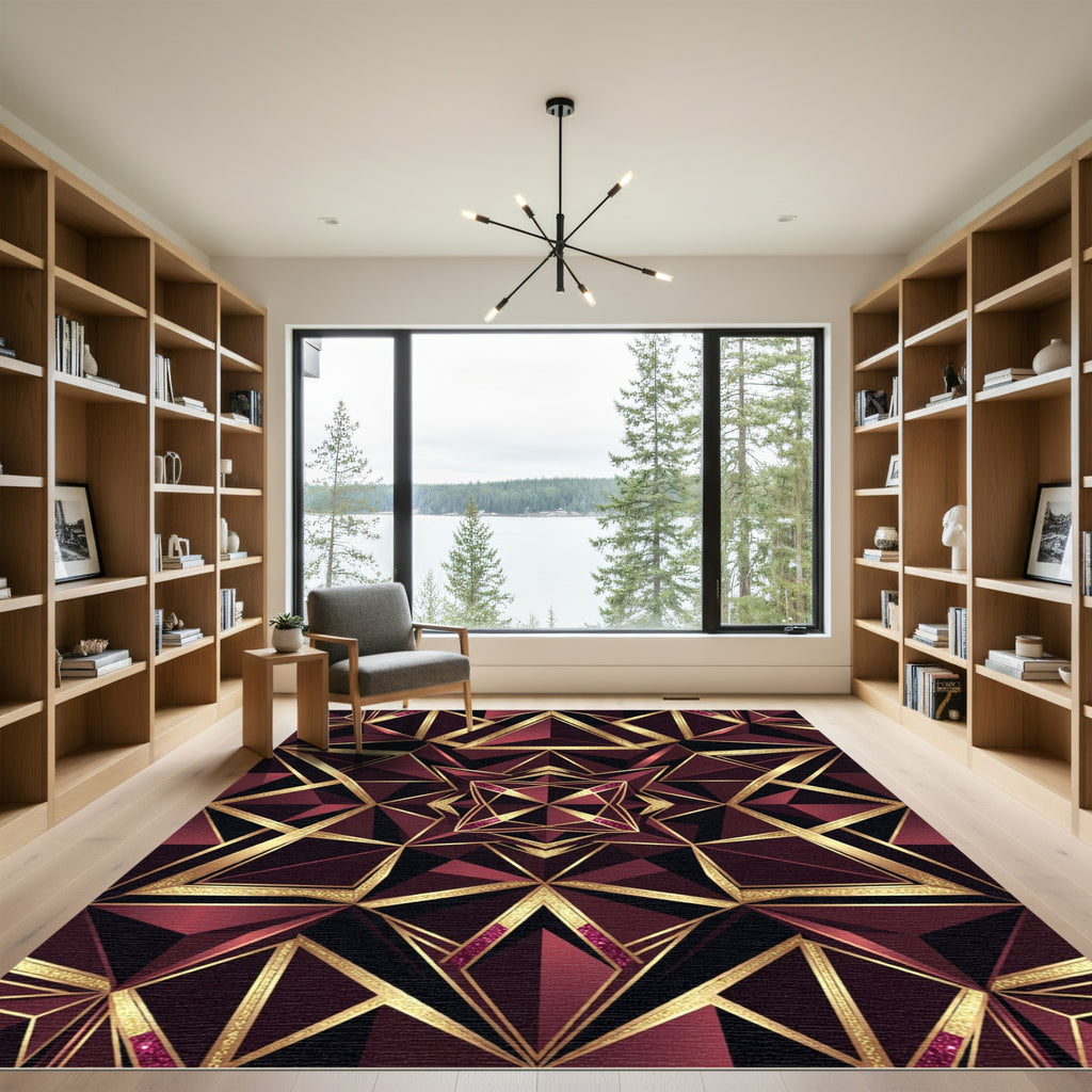 Luxurious Geometric Burgundy and Gold Art Deco Rug