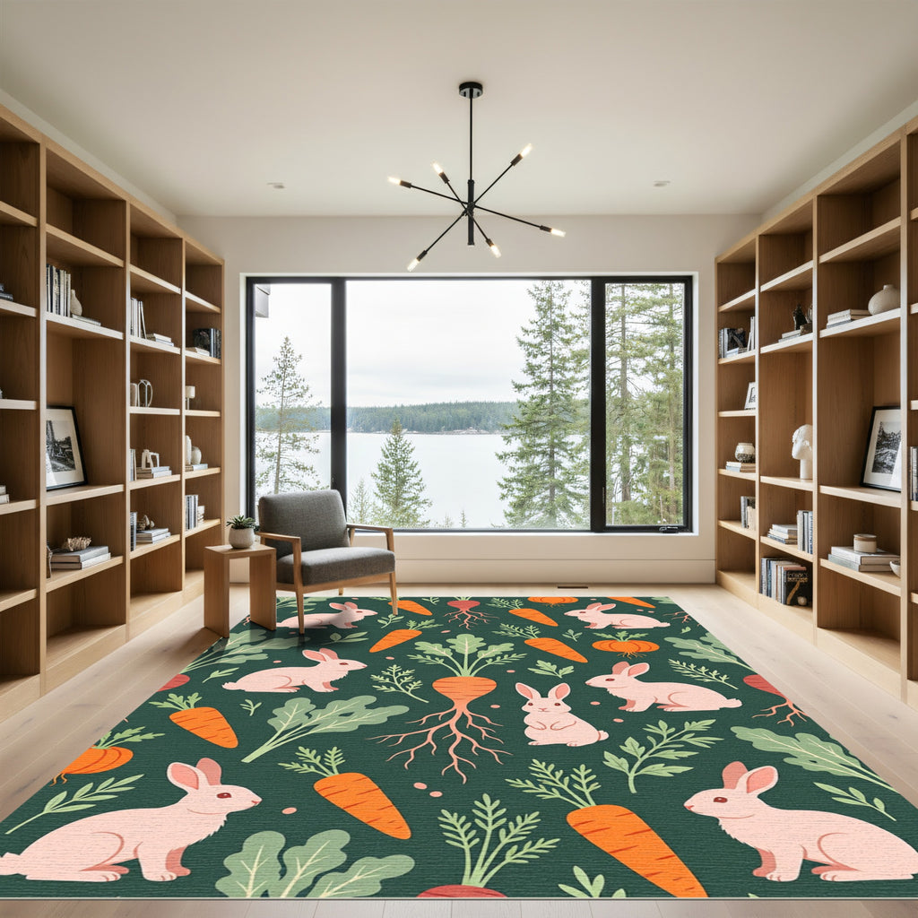 Whimsical Rabbit and Garden Carrot Illustration Rug