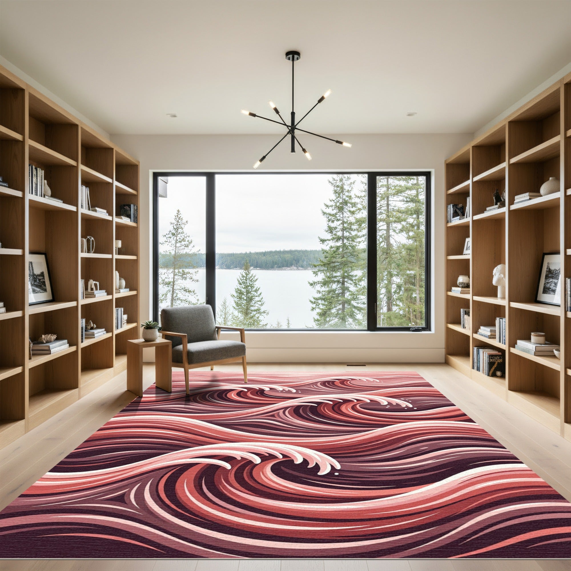 Crimson Abstract Flowing Wave Rug