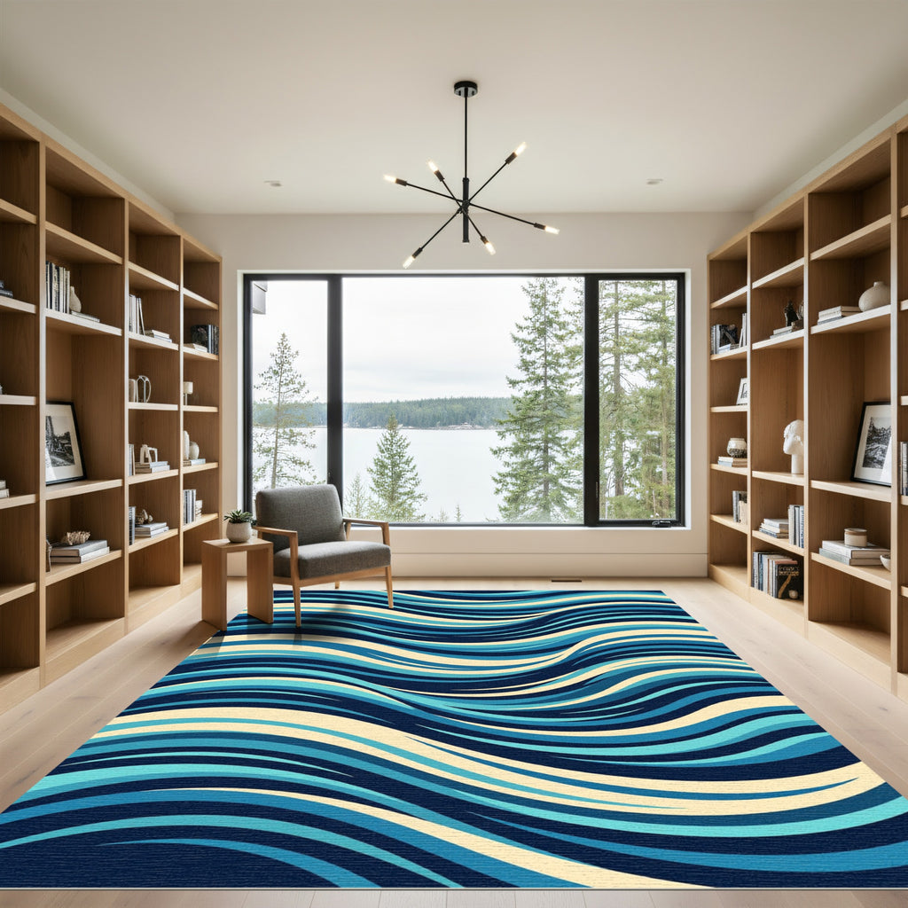 Abstract Blue Curved Wave Flow Rug