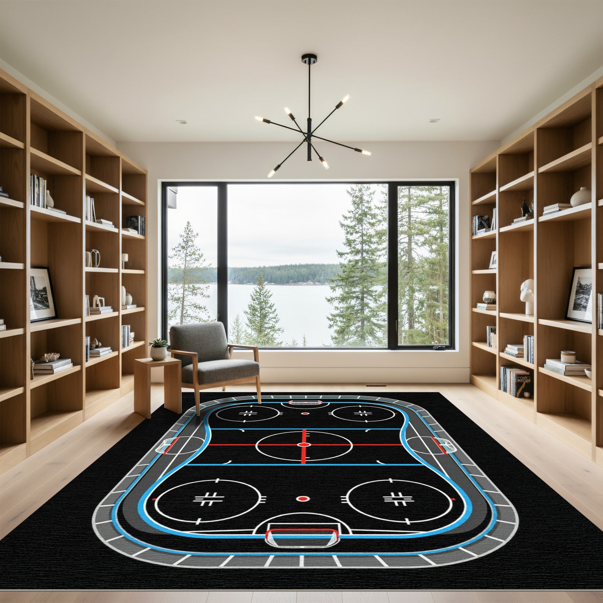 Modern Black Ice Hockey Rink Rug