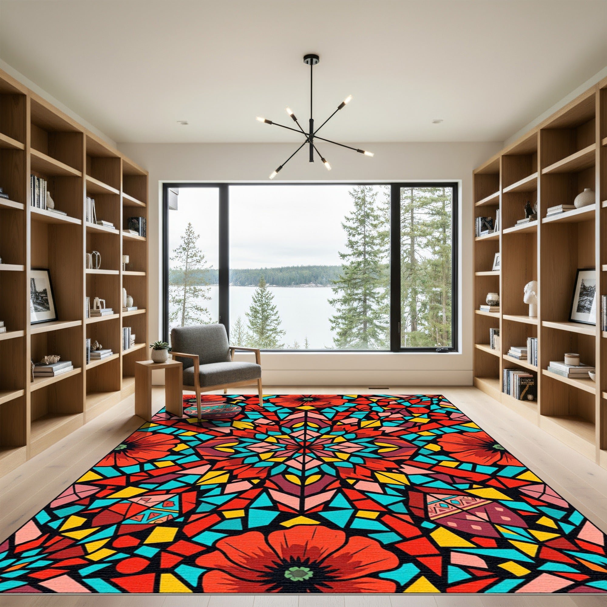 Red Floral Geometric Stained Glass Rug