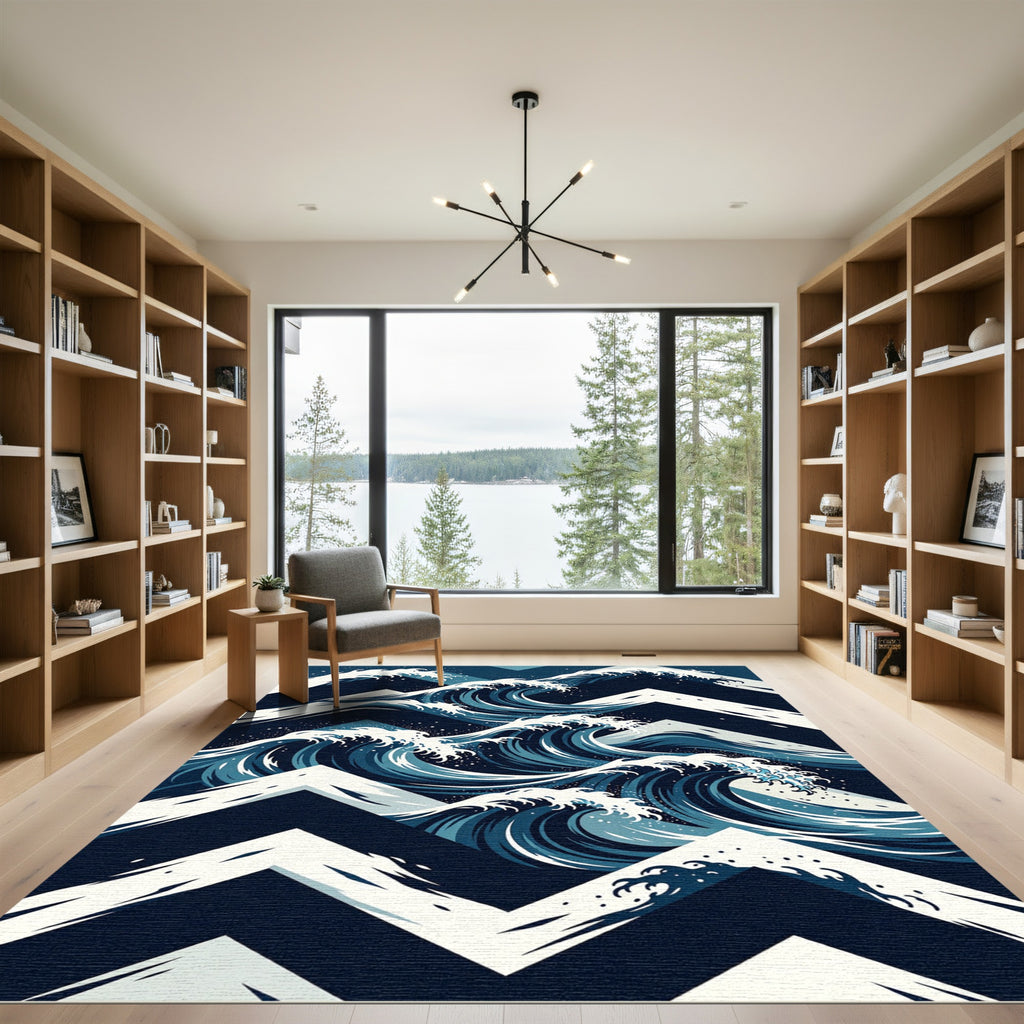 Japanese Wave Chevron Navy Area Rug