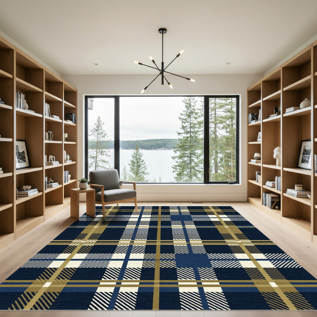 Navy Blue and Gold Plaid Tartan Rug