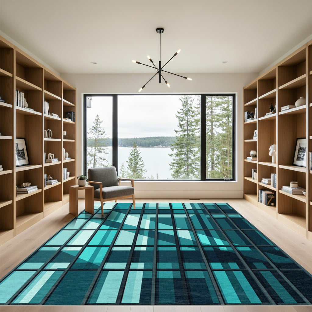 Modern Architectural Teal Grid Reflection Rug