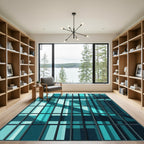 Modern Architectural Teal Grid Reflection Rug
