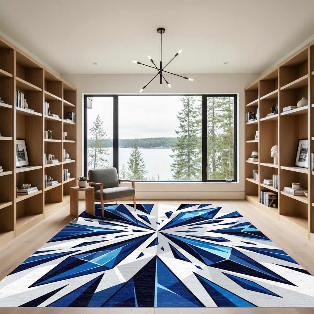 Geometric Blue Crystal Shard Abstract Rug