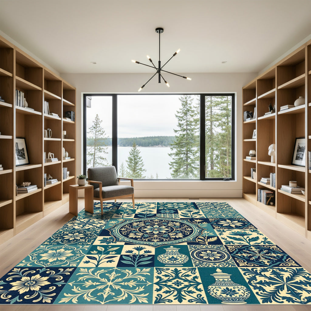 Teal Navy Floral Medallion Vase Tiles Rug