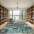 Teal Navy Floral Medallion Vase Tiles Rug