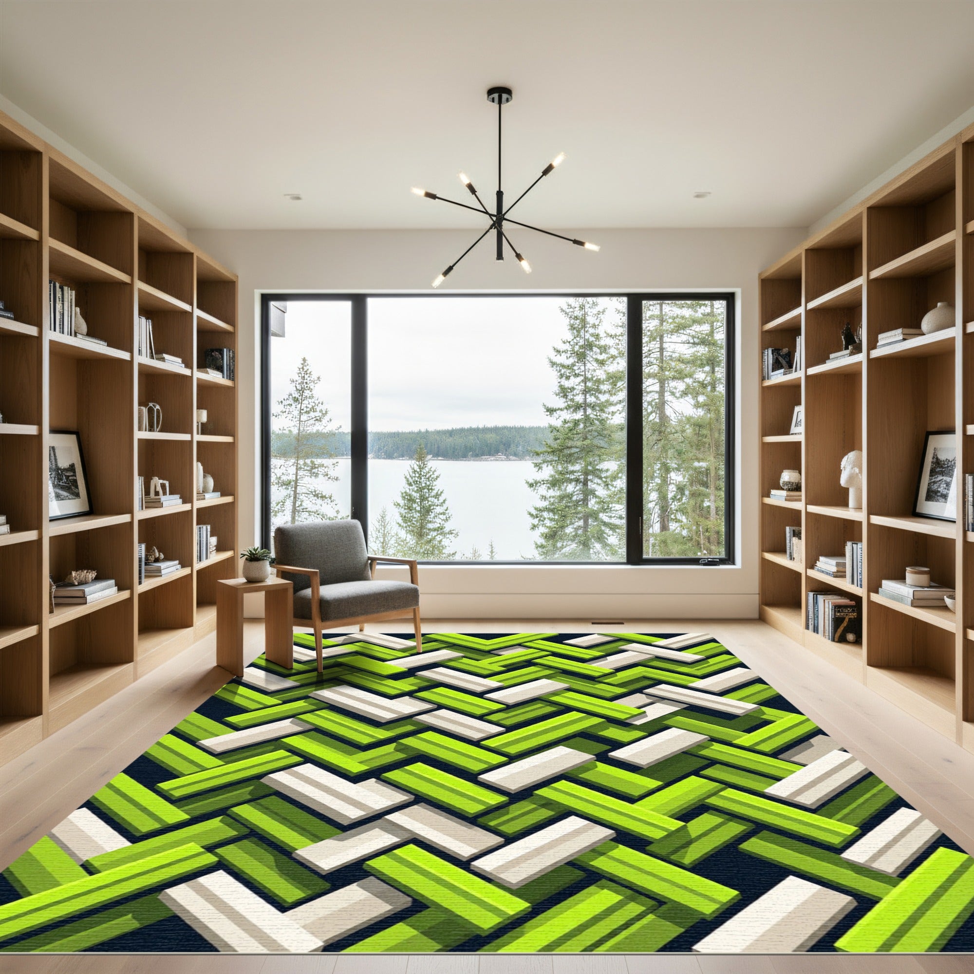 Lime Green White Interlocking Chevron Rug