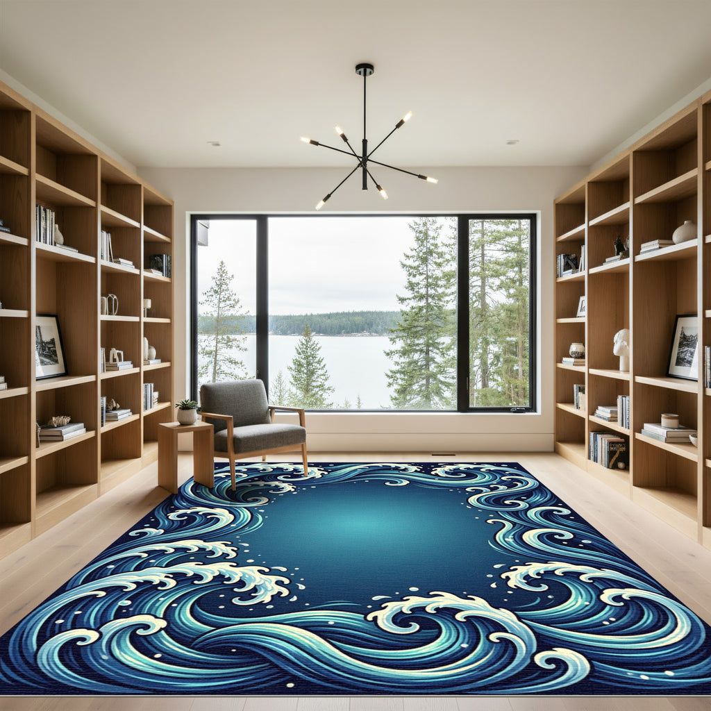 Japanese Deep Blue Spiraling Ocean Wave Rug