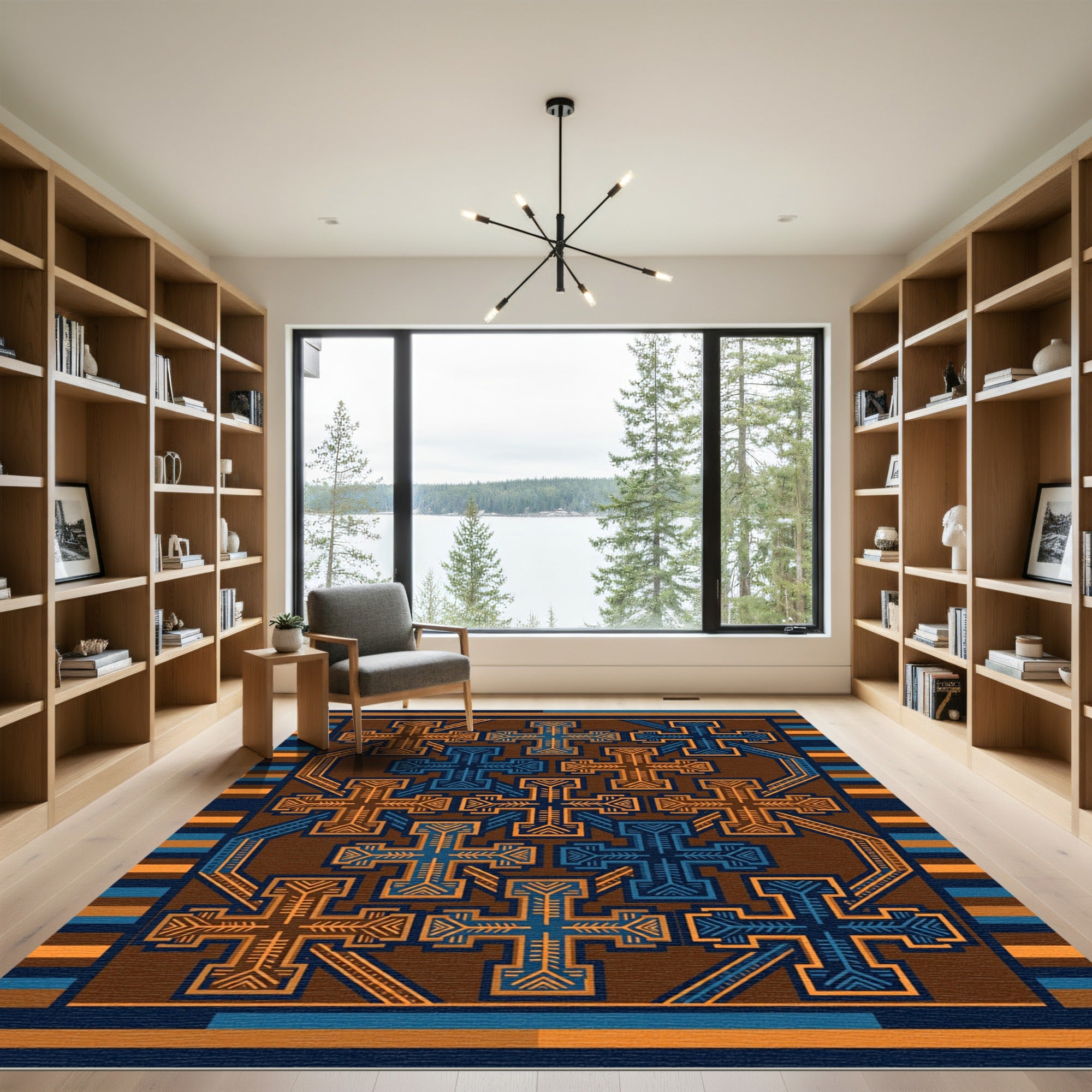 Geometric Cobalt and Amber Cross Weave Rug
