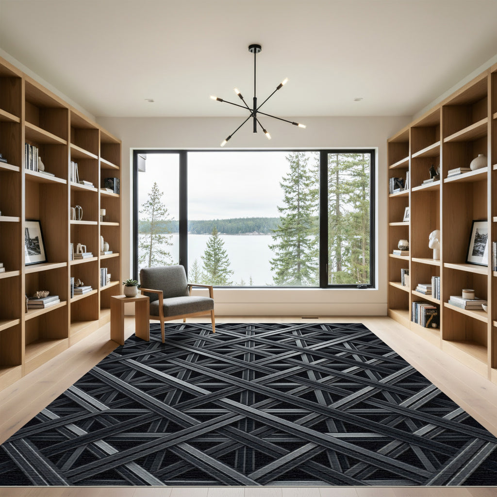 Dark Metallic Intersecting Lattice Grid Rug
